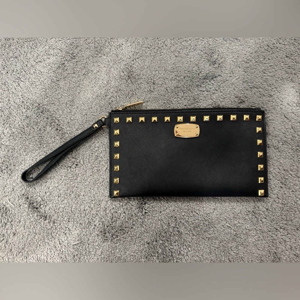 Michael Kors gold studded leather black wristlet